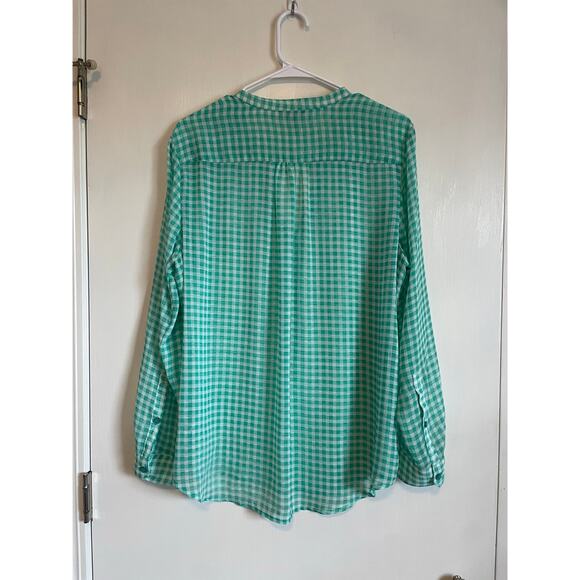 Daisy Fuentes green gingham sheer blouse buttons long sleeve lightweight top XL - Picture 2 of 8